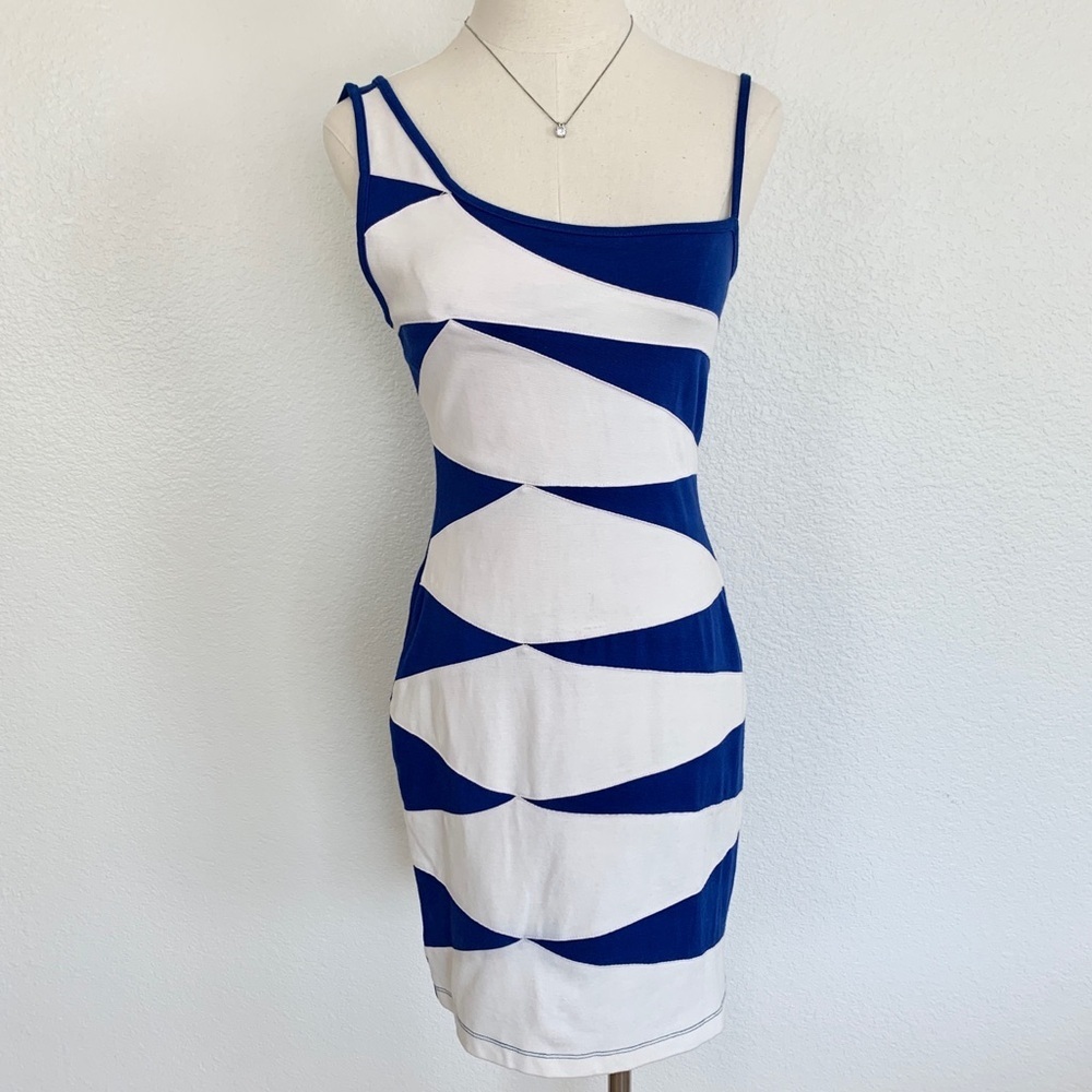 💙 Arden B Blue White Colorblock Asymmetrical Knit Bodycon Dress Y2K